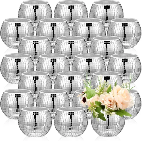 Vista 8 de Jinei - 12 jarrones de bola de discoteca con espejo plateado para flores de Cuencos de flores de vidrio a granel, decoración de mesa de centro
