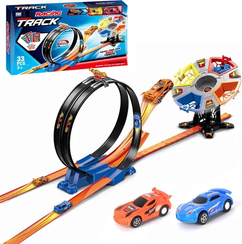 Vista 6 de Conjuntos de pistas de carreras, juguetes de pista de carreras competitivos de dos jugadores para niños, 2 coches de carreras de alta velocidad