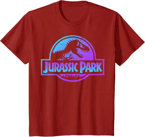 Vista 76 de Jurassic Park Camiseta de manga corta con logotipo Fossil azul y morado Negro