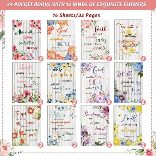 Vista 3 de BESARME Paquete de 24 cuadernos florales de bolsillo pequeño, regalos cristianos, diario de oración para mujeres, bloc de notas con citas bíblicas