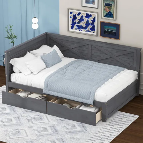 Vista 12 de Sofá cama de madera de tamaño individual con nido y cabecera en forma de L, marco de madera para sofá cama con barandilla rústica y soporte