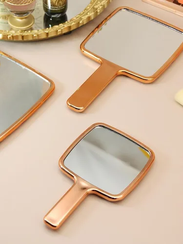 Vista 6 de MIRRORNOVA Espejo de mano, 4 pulgadas de largo x 7 pulgadas de ancho, espejo de pestañas pequeño para maquillaje, dorado