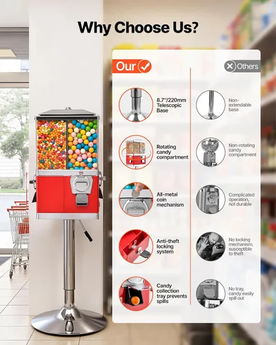 Vista 4 de VEVOR Máquina expendedora de dulces, máquina expendedora de dulces de cuatro compartimentos con soporte, máquinas expendedoras de chicles