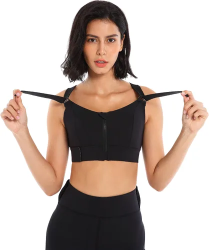Vista 8 de Sujetador deportivo de yoga sexy con velcro y cremallera acolchada con tirantes, sujetador deportivo de alto apoyo para correr