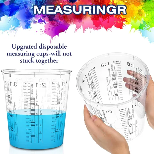 Vista 3 de 24 tazas medidoras de pintura de 64 onzas, 60.9 fl oz, tazas mezcladoras con graduados y 20 varillas de mezcla de pintura de plástico desechable