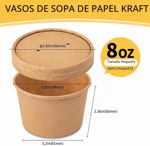 Vista 3 de PakTalk Recipientes de papel para sopa con tapas, paquete de 50 cuencos de sopa marrones, tazas biodegradables para helado con tapas para sopa