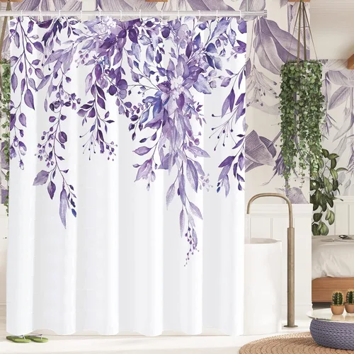 Vista 82 de Tititex - Juego de cortinas de ducha de eucalipto negro, hojas de acuarela gris en la parte superior, con decoración floral de baño, 60 x 72
