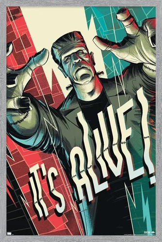 Vista 13 de Frankenstein - Póster de pared It's Alive by César Moreno, 22.4 pulgadas de largo x 14.7 pulgadas de ancho, versión enmarcada en madera de granero