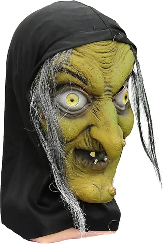 Vista 4 de Máscara de bruja de látex verde con cabello y sombrero disfraz de Halloween de terror
