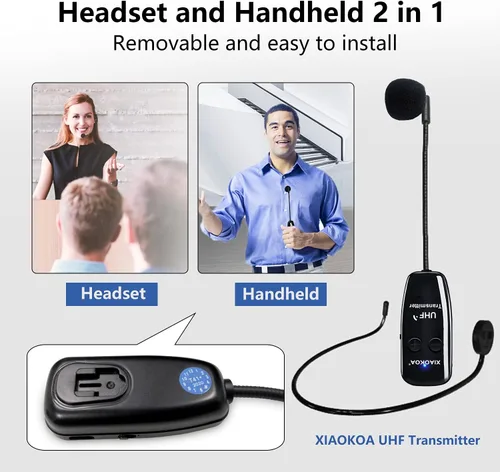 Vista 2 de Auriculares inalámbricos UHF con micrófono: Sistema de micrófono de cabeza inalámbrico, micrófonos con carga USB-C, rango de 164 pies