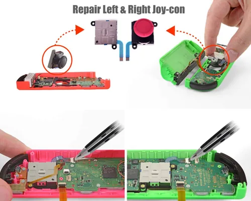 Vista 3 de US Switch Joystick Kit de accesorios de reparación, Rojo neón y azul.