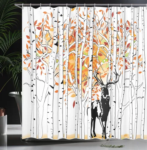 Vista 3 de Ambesonne Cortina de ducha de ciervos, ciervos en el bosque, colores otoñales, árboles, follaje, arte estacional, tela de tela, juego de decoración
