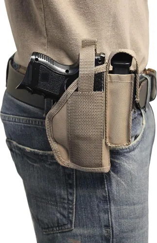 Vista 2 de Funda Barsony Desert Sand OWB con bolsa para cargador para pistolas compactas subcompactas de 0.354 in .40 .45