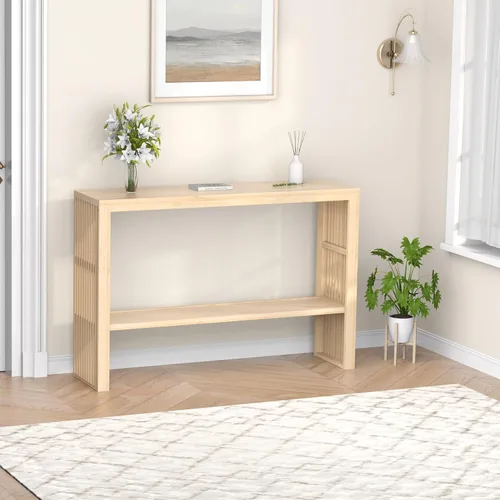 Vista 8 de Mesa de consola de madera de bambú 47.2" Mesa de entrada, mesa de sofá estrecha de granja de 2 niveles con estante de almacenamiento, mesa de sofá