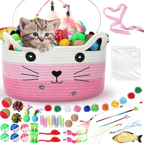 Vista 10 de Zopeal Juego de 76 cestas de almacenamiento para gatos, juguetes interactivos para gatos, varita para gatitos, bolas parpadeantes coloridas, bolas