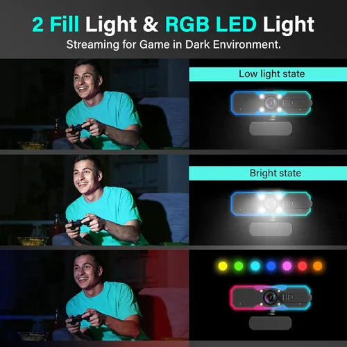 Vista 2 de NBPOWER Cámara web de transmisión 1080P 60FPS con micrófono y luz RGB de relleno, enfoque automático, funciona con computadora portátil/computadora