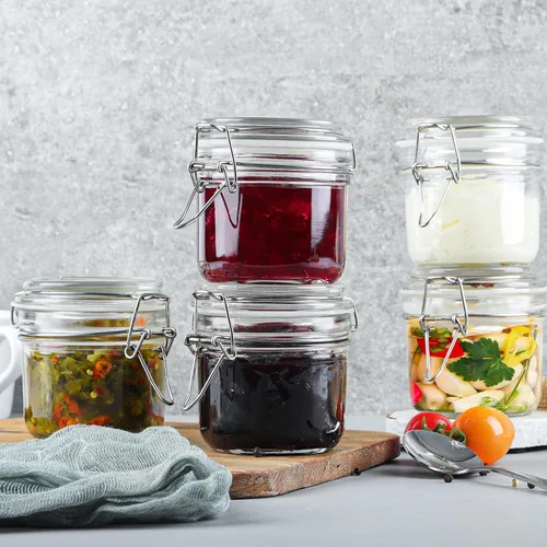 Vista 5 de Folinstall Tarros de vidrio de 7 onzas con tapas herméticas, 12 unidades, tarros pequeños con tapas con bisagras para almacenamiento de cocina