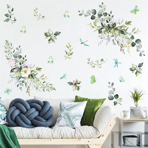 Vista 7 de Vinilo botánico de hojas verdes, calcomanías de vinilo para despegar y pegar, enredaderas rústicas colgantes, mural, mariposas, flores, calcomanías