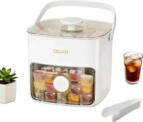 Vista 10 de Bandeja compacta para cubitos de hielo con tapa y contenedor, mini máquina de cubitos de hielo tipo prensa para congelador, cubo de hielo pequeño