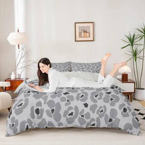 Vista 31 de Juego de funda de edredón con estampado de leopardo abstracto, tamaño individual, juegos de ropa de cama de piel de guepardo negro y gris