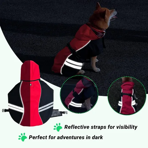 Vista 3 de Impermeable para perros medianos, grandes y extragrandes, chaqueta impermeable con correa reflectante, sudadera ligera, cobertura de cuerpo Rojo