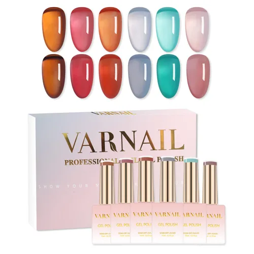 Vista 15 de VARNAIL Rainbow Candy Jelly - Kit de esmalte de uñas de gel de 6 colores y capa base de regalo, kit de esmalte de gel transparente arcoíris