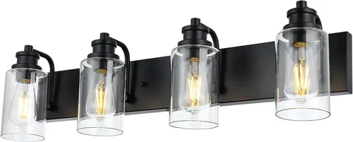 Vista 12 de Lámpara de baño vintage de 3 cabezales en acabado negro mate, pantalla de vidrio transparente clásica, iluminación de baño sobre espejo, lámpara