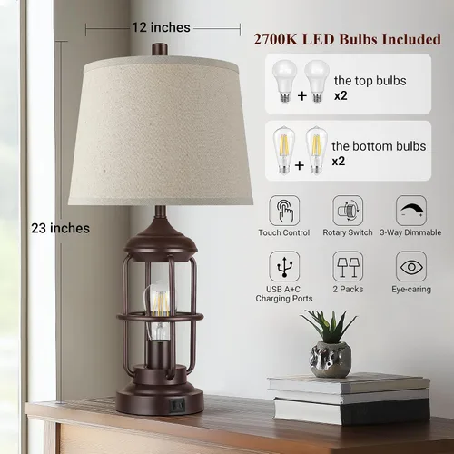 Vista 6 de Qimh Juego de 2 lámparas de mesa para dormitorio con puertos USB A+C, lámpara de mesita de estilo granja con luz nocturna, control táctil regulable