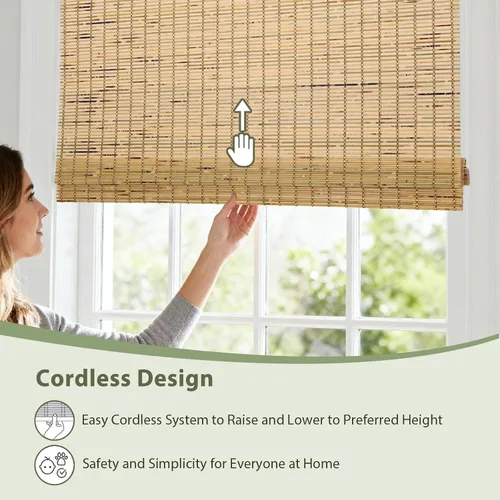 Vista 4 de Persianas Romanas de Bambú Sin Cordón con Oscurecimiento Total, Persianas Enrollables de Madera con Filtrado de Luz y Protección UV con Cenefa de 6