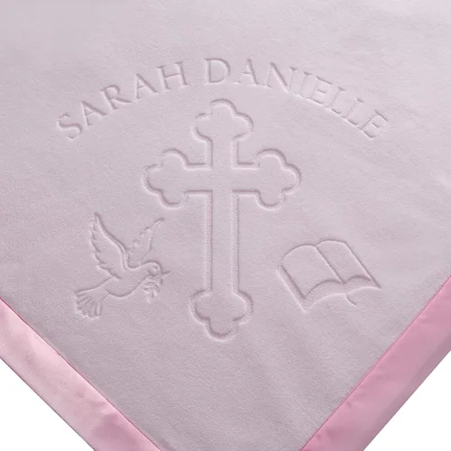 Vista 8 de Manta de regalo para bebés niños o niñas para bautismo. Diseño personalizado religioso cruz y biblia, Rosado