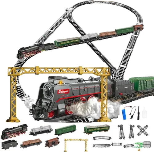 Vista 7 de Juego de tren eléctrico, modelo de locomotora de aleación con carro y pista larga, regalo para adolescentes y adultos (modelo 22918/rojo)