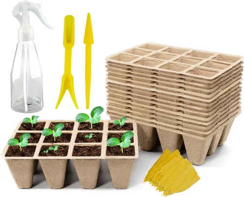 Vista 11 de Bandeja de inicio de semillas 100 celdas, macetas de turba biodegradables para plántulas, paquete de 10 vasos cuadrados de pulpa de 1.8 pulgadas