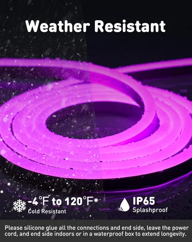 Vista 4 de luces LED de cuerda AC 120V, tira de neón eco de 120 LED/m sin puntos, conectable y cortable, impermeable ETL IP65 y resistente al clima