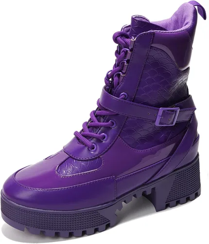 Vista 9 de Botas de combate de tacón grueso para mujer con plataforma y cordones, botines altos de otoño e invierno para ropa urbana, tacón de bloque Negro