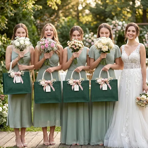 Vista 6 de Shappy Paquete de 10 bolsas de arpillera reutilizables en blanco, Verde Jute Tote, Grocery Bag, Bridesmaid Gifts, Bachelorette Party, Beach Trips