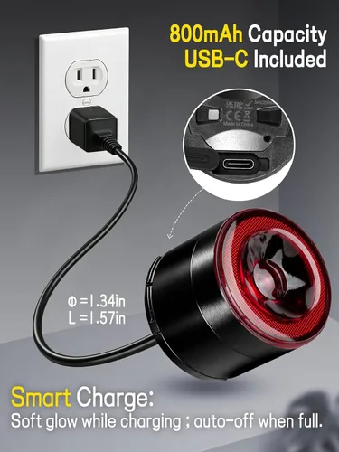 Vista 7 de Luz trasera de bicicleta de brillo variable, luz trasera de bicicleta con detección de freno, 800 mAh USB-C recargable, 4 modos de iluminación, IPX6