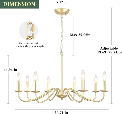 Vista 4 de Candelabro Dorado de 8 Luces Candelabro Moderno de Granja Accesorios de Iluminación Candelabro Colgante Rústico de Velas para Sala de Estar