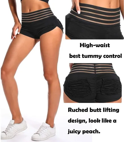 Vista 5 de KIWI RATA Pantalones cortos de yoga de cintura alta para mujer, pantalones cortos sexys para rave, pantalones cortos con levantamiento de glúteos