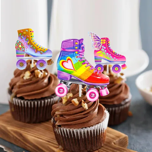 Vista 8 de 36 piezas de patines de ruedas para cupcakes, decoración de fiesta de cumpleaños, estilo retro, hip hop, temática de patinaje, para cupcakes para 80