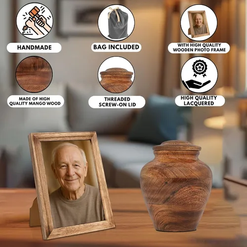 Vista 2 de Urnas de cremación de madera para cenizas humanas con marco de fotos, urna conmemorativa de madera de mango para adultos, hombres y mujeres, urna
