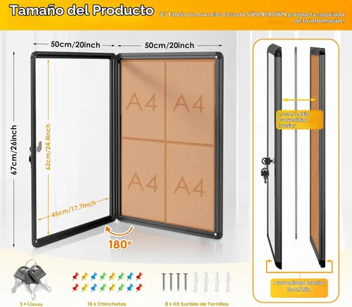 Vista 2 de Swansea - Tablero de anuncios de corcho con cierre Negro