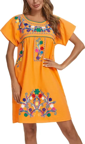 Vista 2 de YZXDORWJ - Vestido mexicano bordado de manga corta para mujer