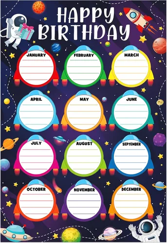 Vista 9 de WhatSign Calendario de cumpleaños para el aula, póster de tabla de cumpleaños de 12 x 16 pulgadas con piedras de nacimiento, sistema solar