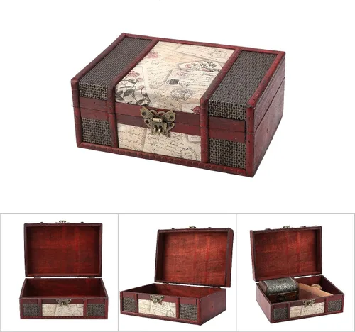 Vista 9 de TOPINCN Caja de almacenamiento de madera vintage, organizador de joyas de tamaño pequeño, caja de almacenamiento retro, caja de almacenamiento
