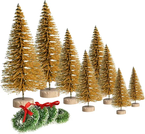 Vista 12 de 8 mini árboles de Navidad artificiales, árboles de cepillo de botella con base de madera, árbol de Navidad artificial de sisal escarchado, mini Beige