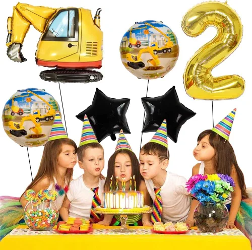 Vista 4 de Globos de construcción para fiesta de 2º cumpleaños, globos de construcción para decoración de cumpleaños de 2 años, globo de aluminio de excavadora