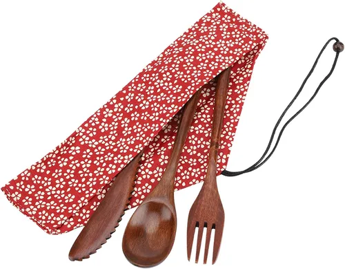 Vista 2 de Juego de cubiertos de madera, utensilios de cocina, incluye cuchara de madera, tenedor, cuchillo con bolsa de almacenamiento