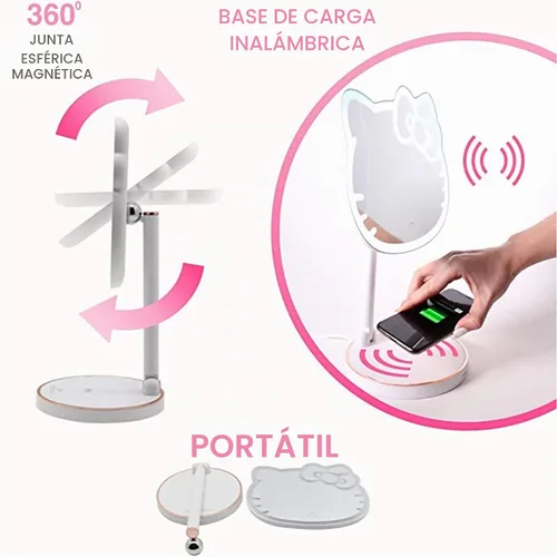 Vista 4 de Impressions Vanity Hello Kitty - Espejo de maquillaje de montaje en mesa LED, inalámbrico, con rotación de 360 grados, espejo de escritorio