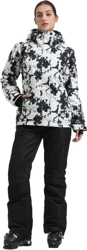 Vista 3 de IMPHUT Chaquetas y pantalones de esquí para mujer, traje de nieve, abrigo cálido con capucha, impermeable, resistente al viento con aislamiento