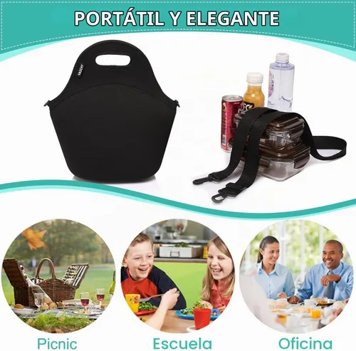 Vista 7 de Vaschy bolsa de almuerzo hermética de neopreno con correa ajustable desmontable para adultos y niños, Negro clásico, Negro clásico